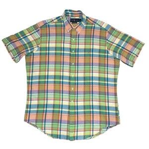Vintage Ralph Lauren Men’s L Classic Fit Madras-Style Multicolor Plaid Short Sle
